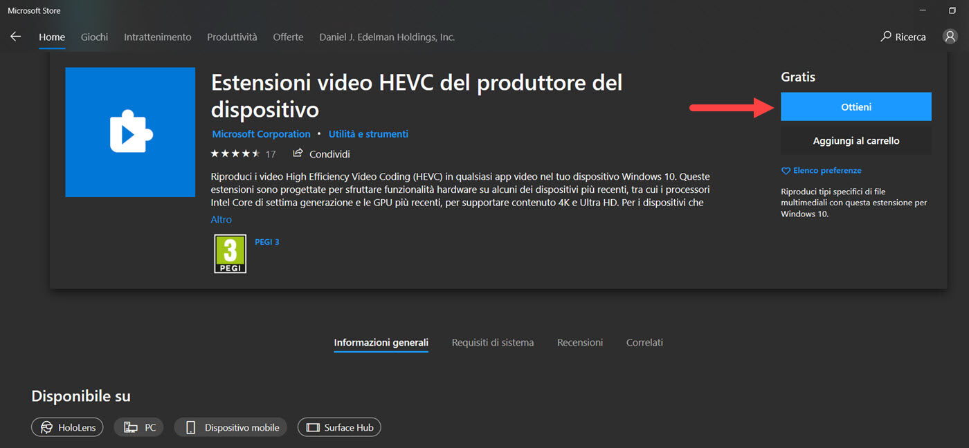 windows10 estensione video hevc