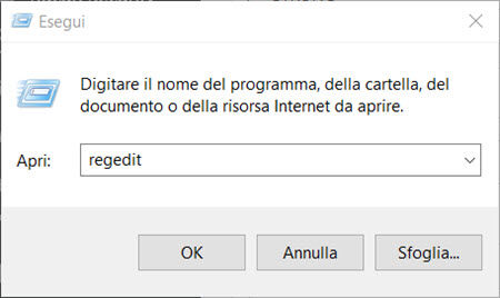 windows10 esegui regedit