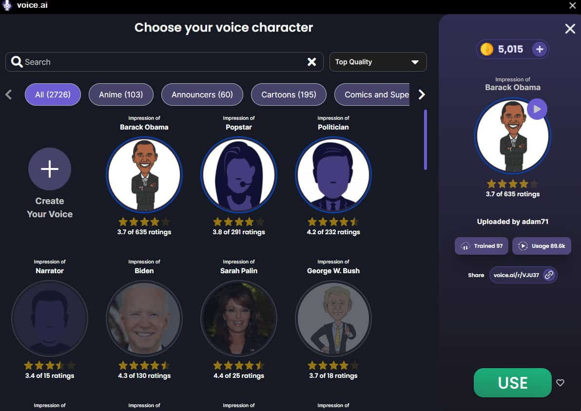 Libreria delle voci di Voice.ai